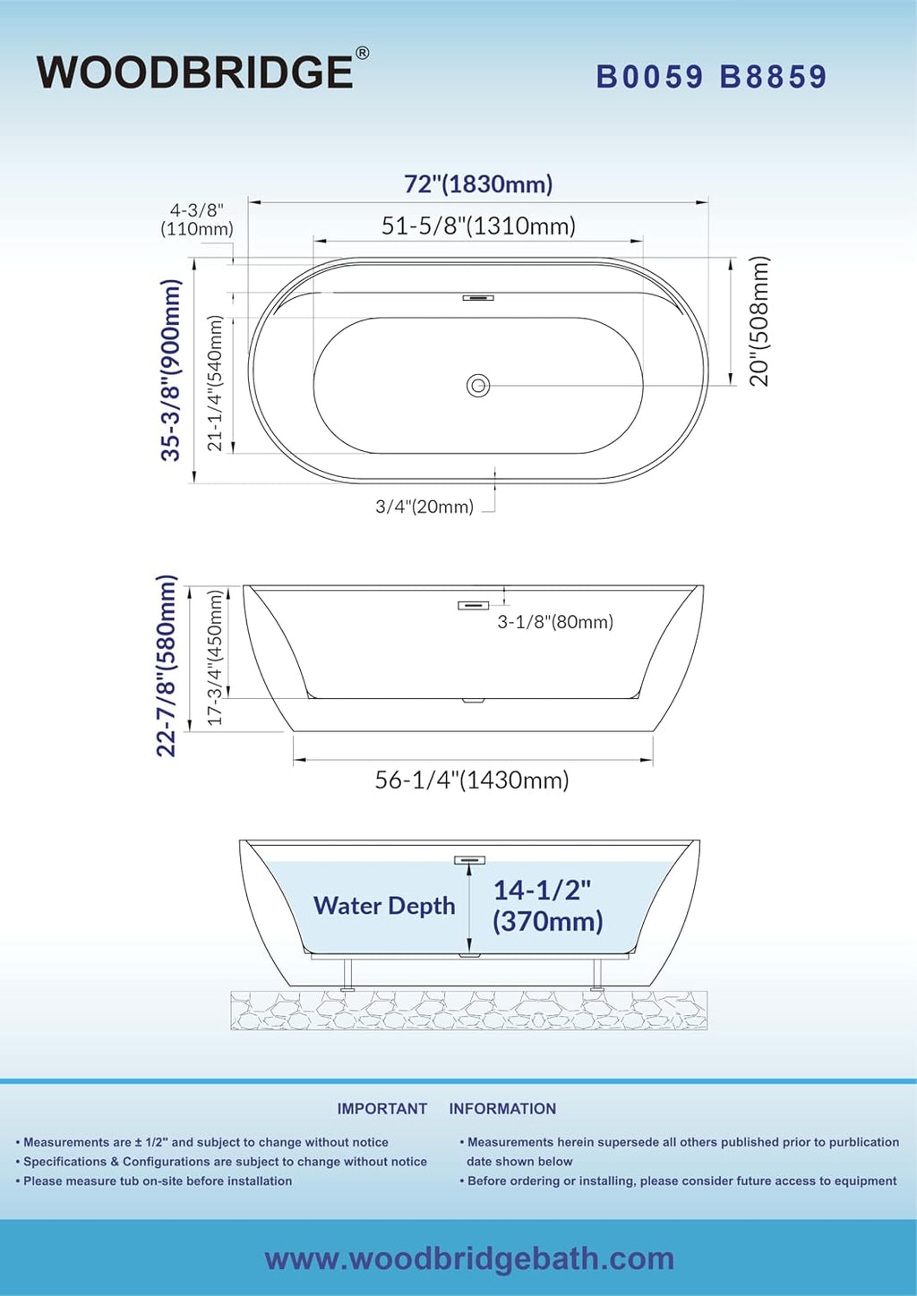 WOODBRIDGE 72' L x 35-3/8' W Freestanding Contemporary Acrylic Soaking Bathtub in Glossy Black Inside and Outside with Brushed Nickel Drain & Overflow,B8859-BN