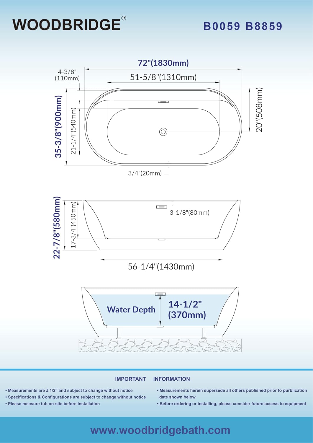 WOODBRIDGE 72' L x 35-3/8' W Freestanding Contemporary Acrylic Soaking Bathtub in Glossy Black Inside and Outside with Brushed Nickel Drain & Overflow,B8859-BN