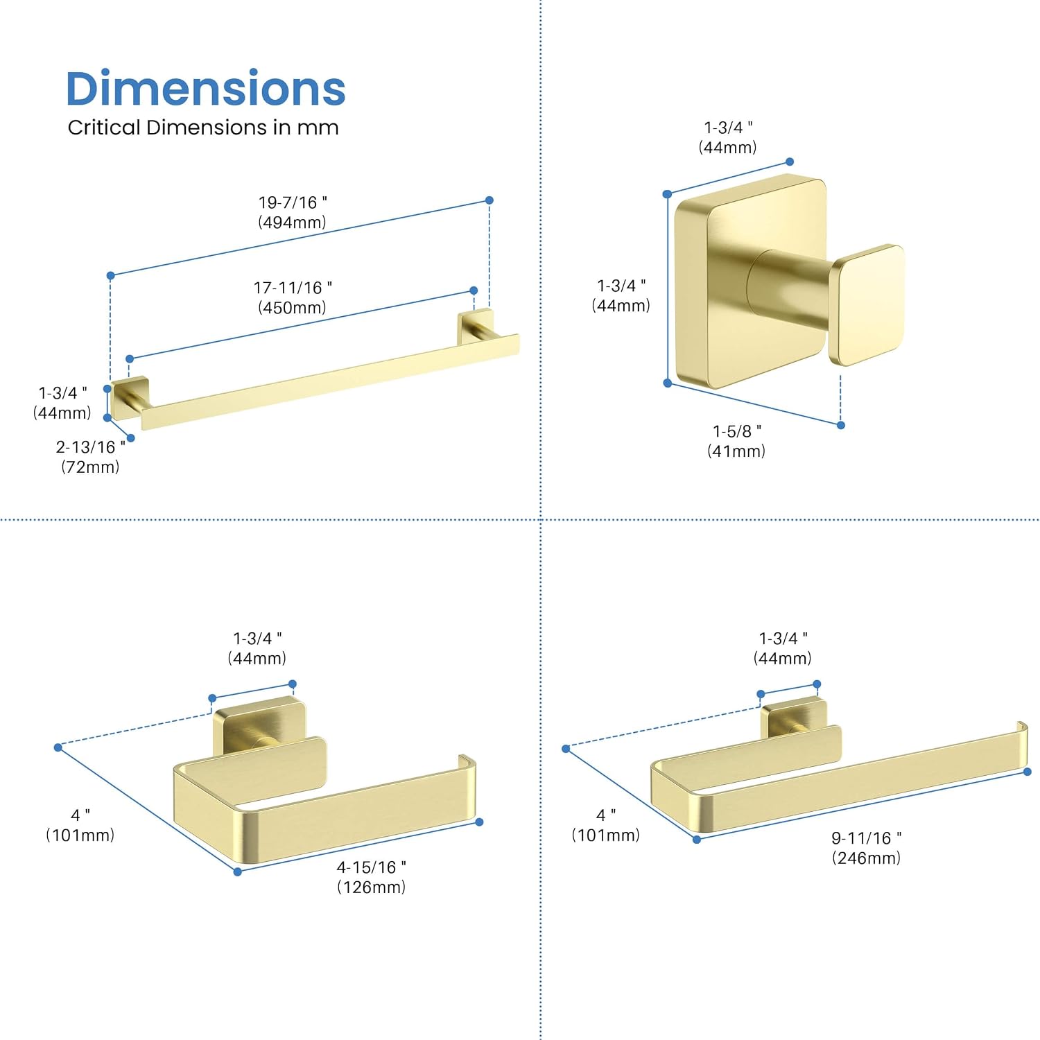 Kibi Blaze 5-Piece Bathroom Hardware Set – Includes 19 -Inch Hand Towel Bar and Holder, Toilet Paper Holder, Robe Hook – Wall Mounted, Solid Brass, Modern Bath Accessories (Brushed Gold, KBA16-5-1)