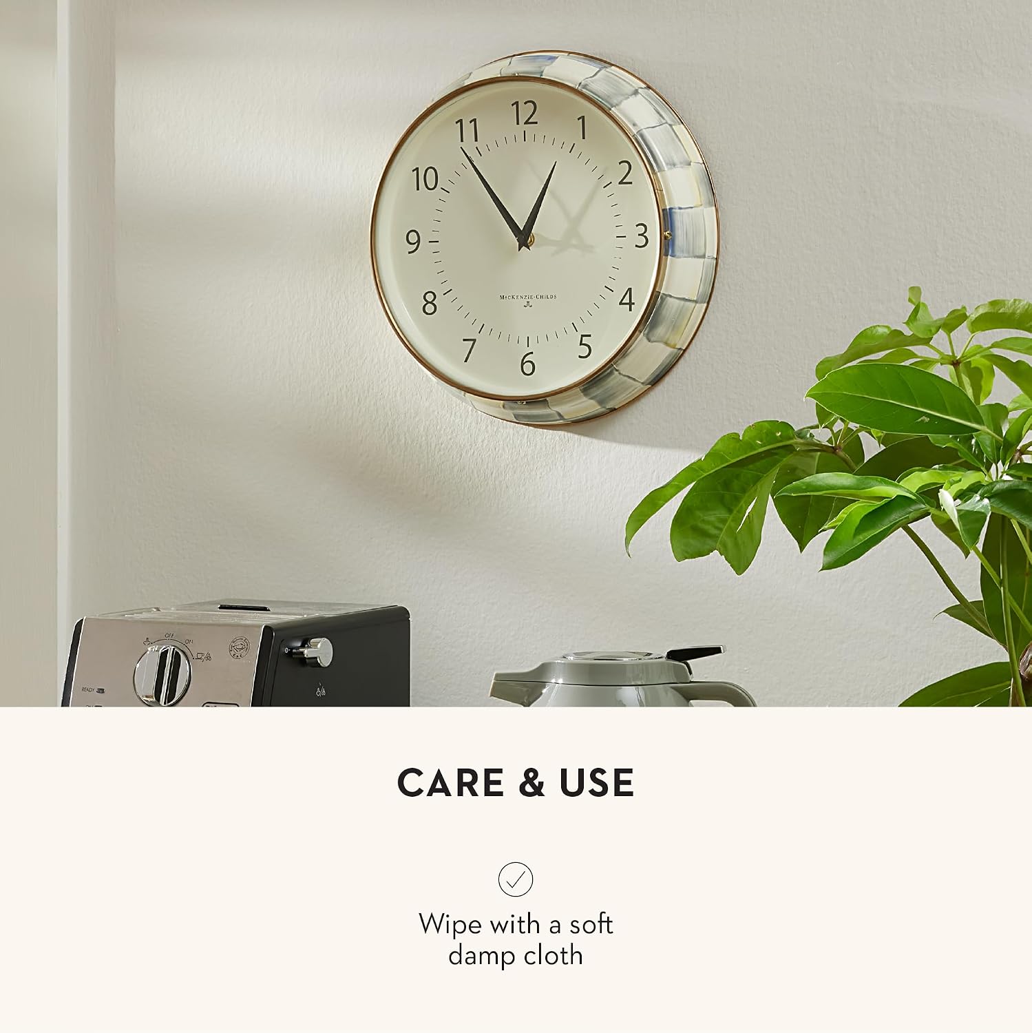 MACKENZIE-CHILDS Wall Clock, Decorative Clock for Kitchen and Living Room, Gray-and-White Sterling Check