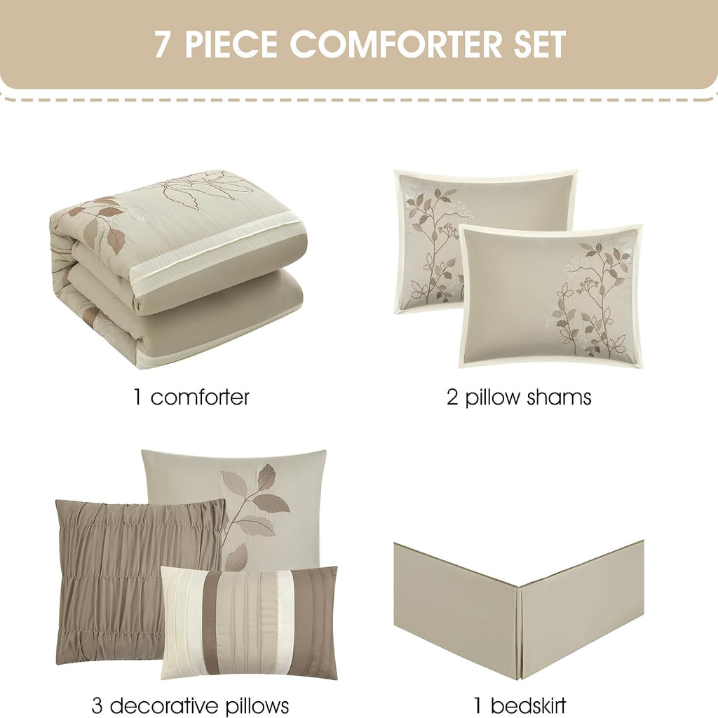 Grand Avenue Beige Comforter Set King Size, 7 Piece Embroidery Bedding Set, Pillow Sham, Bedskirt, Decorative Pillow, Floral Comforters, Home Decor