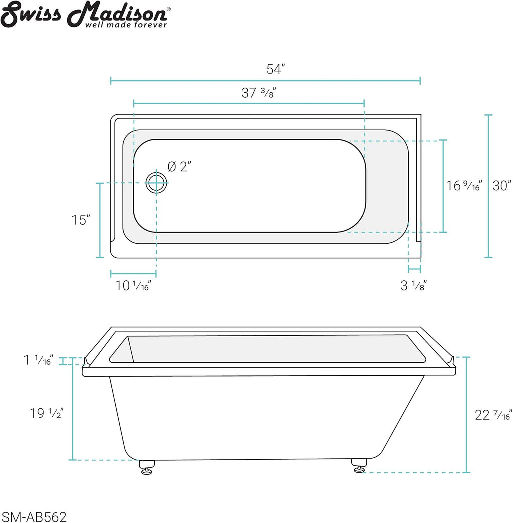 Swiss Madison Voltaire 54' x 30' Acrylic Glossy White, Alcove, Integral Left-Hand Drain, Bathtub