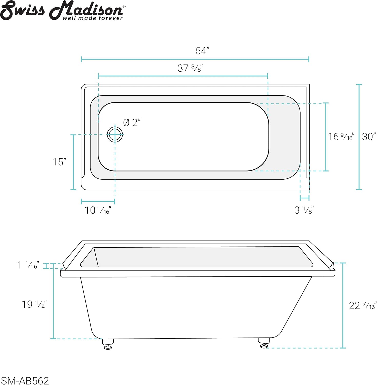 Swiss Madison Voltaire 54' x 30' Acrylic Glossy White, Alcove, Integral Left-Hand Drain, Bathtub