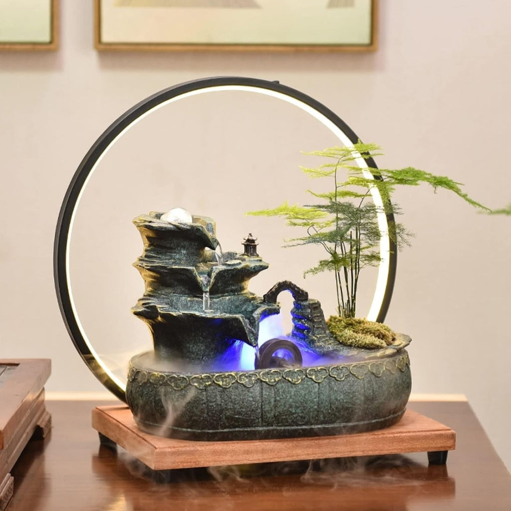 HIHELO Desktop Fountain Ceramic Tabletop Fountain 3 Tiers Indoor Water Feature with Wooden Base and LED Lights for Home, Office Decoration Water Fountain Outdoor