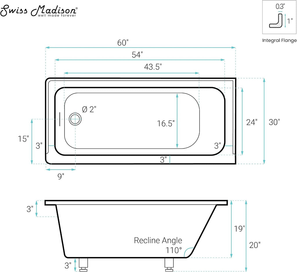 Swiss Madison Voltaire 60 x 30 Left Drain Soaking Alcove Bathtub in Glossy White with Integrated Overflow, Drain Included