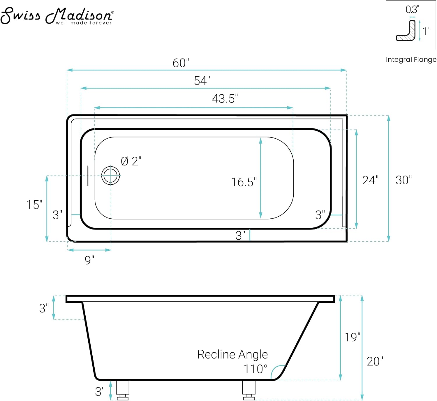 Swiss Madison Voltaire 60 x 30 Left Drain Soaking Alcove Bathtub in Glossy White with Integrated Overflow, Drain Included