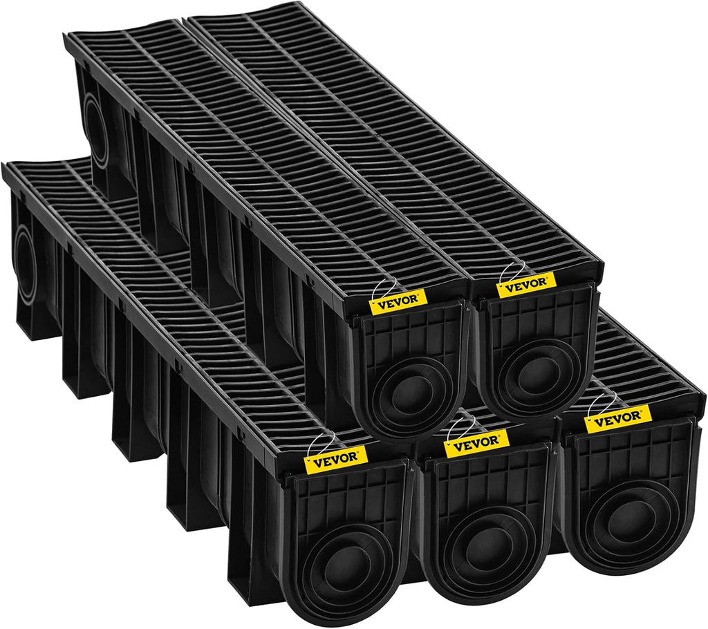 VEVOR Trench Drain System 5 Pack, Channel Drain with Plastic Grate 5.9 x 7.5 in HDPE Drainage Trench, Black Plastic Garage Floor Waterway 5 x 39 in with 5 End Caps for Garden Driveway