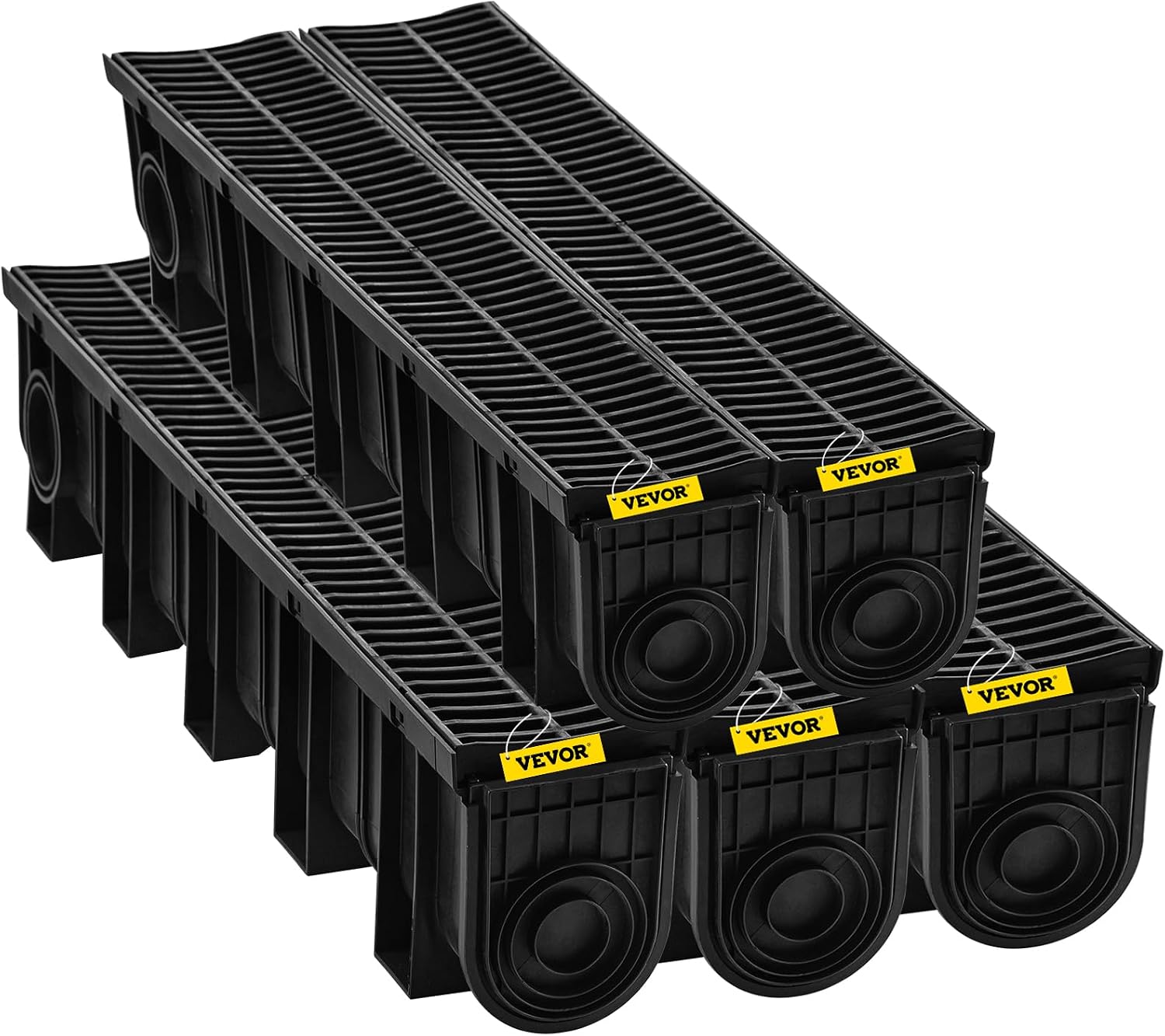 VEVOR Trench Drain System 5 Pack, Channel Drain with Plastic Grate 5.9 x 7.5 in HDPE Drainage Trench, Black Plastic Garage Floor Waterway 5 x 39 in with 5 End Caps for Garden Driveway