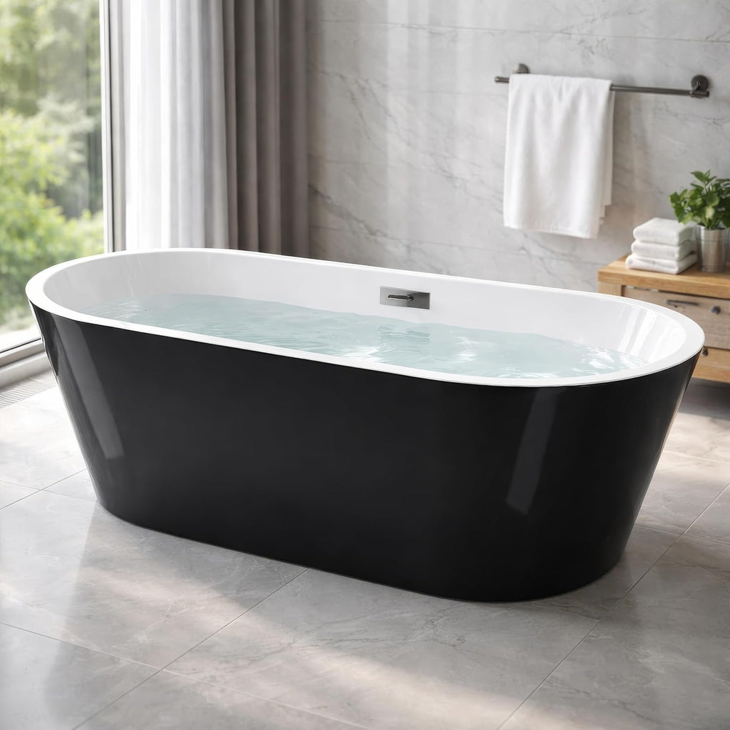59' Free Standing Tub, Acrylic Soaking Bathtub, Stand Alone Freestanding Tub with Matte Sliver Drain and Overflow, Contemporary Bathtub for Bathroom, Black