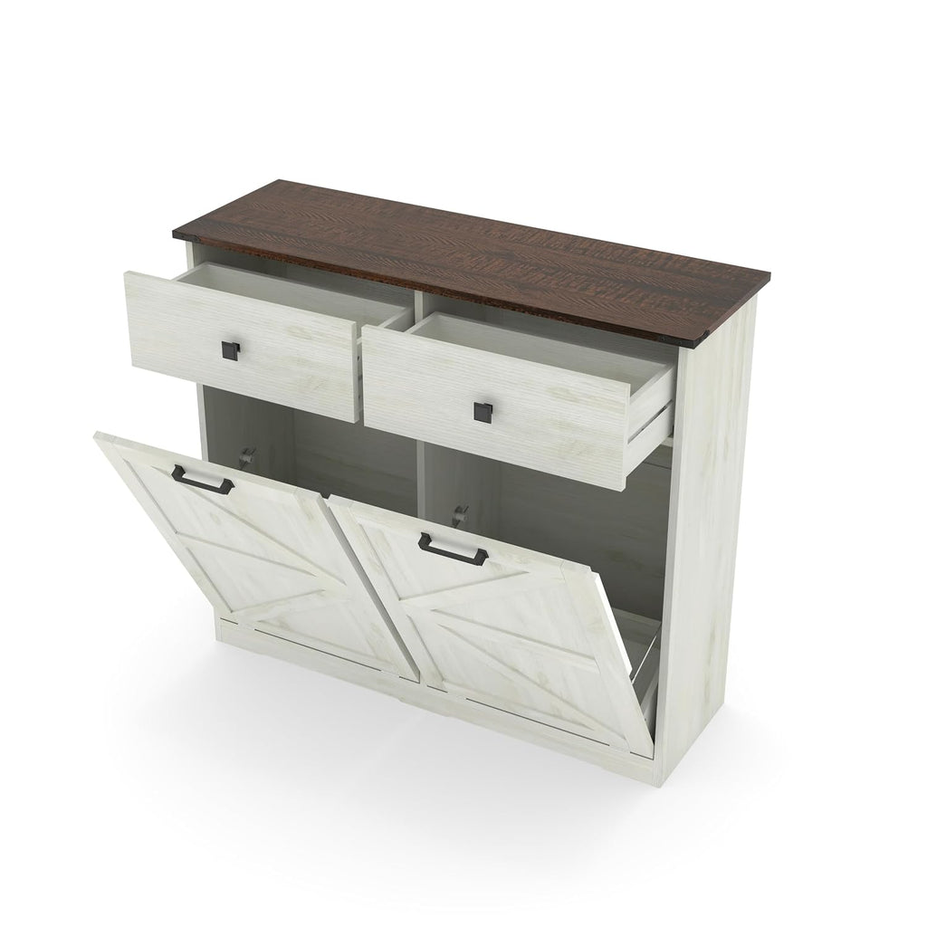 Farmhouse Double Tilt-Out Trash Cans for 2×10 Gallon Bins, Barn Door Style Recycling Cans w/ Hideaway Drawer, Free-Standing Kitchen Garbage Bin Holder, Laundry Sorter Cabinet w/ Tilt-Out Design.
