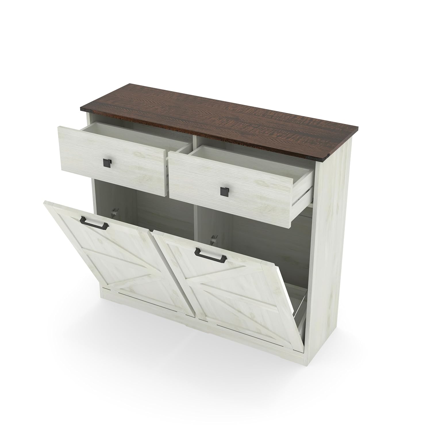 Farmhouse Double Tilt-Out Trash Cans for 2×10 Gallon Bins, Barn Door Style Recycling Cans w/ Hideaway Drawer, Free-Standing Kitchen Garbage Bin Holder, Laundry Sorter Cabinet w/ Tilt-Out Design.
