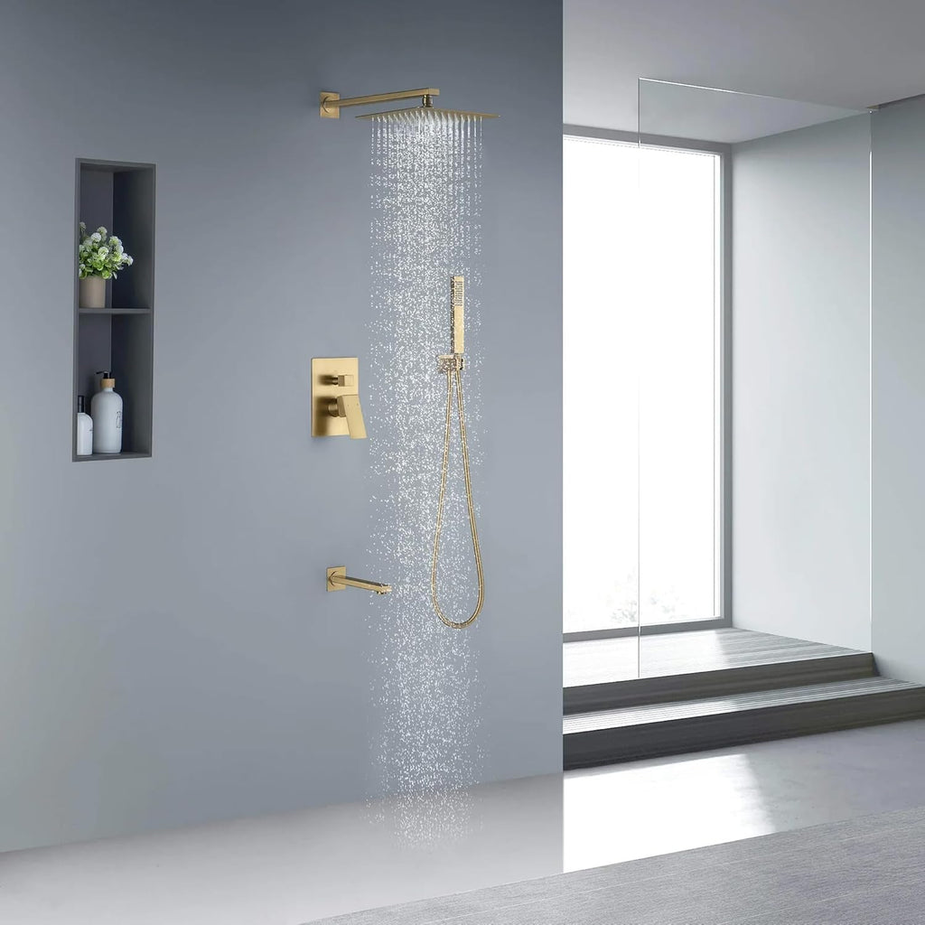 KIBI Cube 3-Function Brushed Brass Wall Mounted Bathroom Shower System | Solid Brass Pressure Balanced Valve Bath Faucet Set | 15-inch Shower Arm | Handheld Waterfall Shower Mode (KSF406)