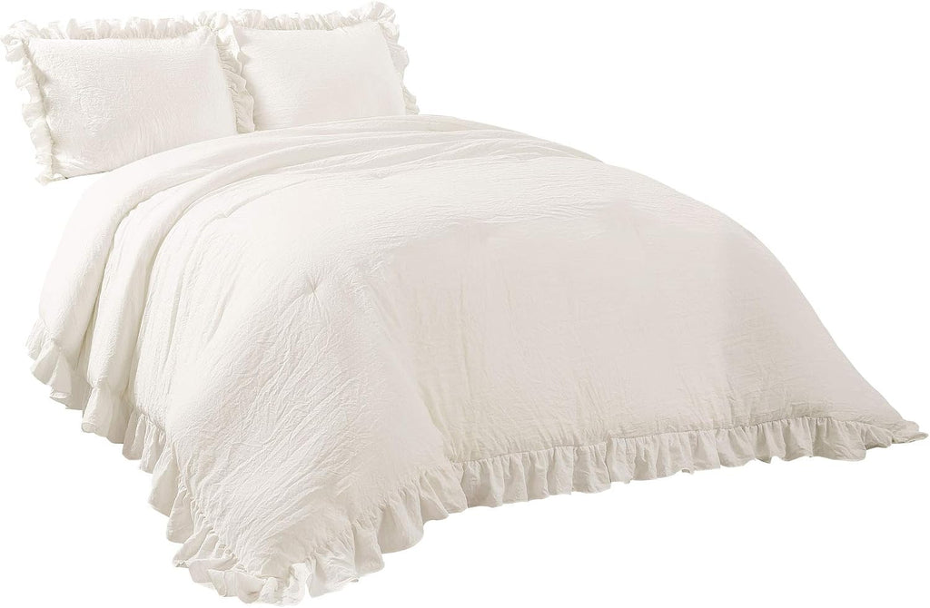 Lush Decor Reyna Ruffle Comforter Set - 3 Piece Cozy Ruffled Bedding Set - Timeless Elegance and Comfort for Dorm Room - Full/ Queen, White