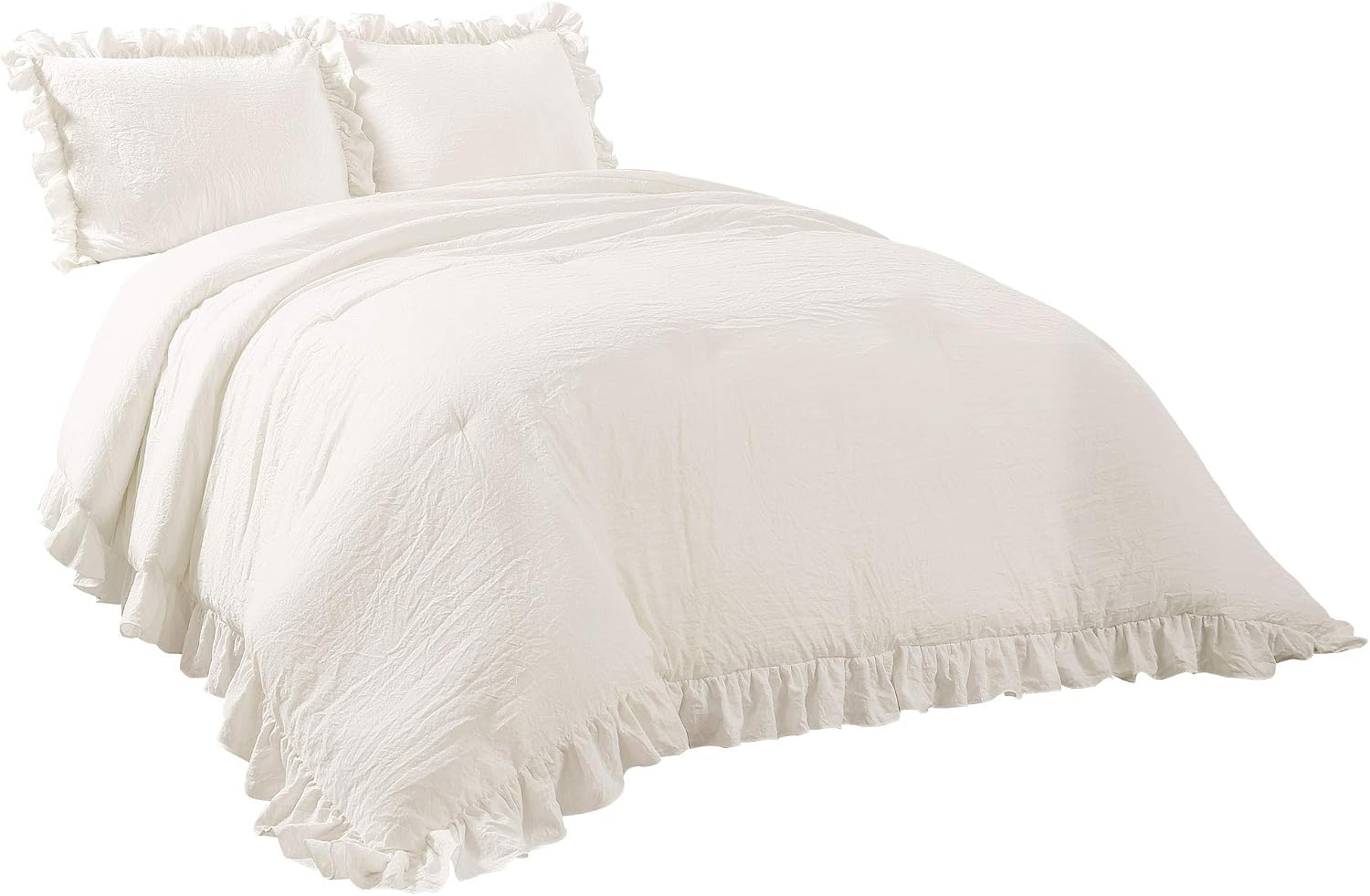 Lush Decor Reyna Ruffle Comforter Set - 3 Piece Cozy Ruffled Bedding Set - Timeless Elegance and Comfort for Dorm Room - Full/ Queen, White