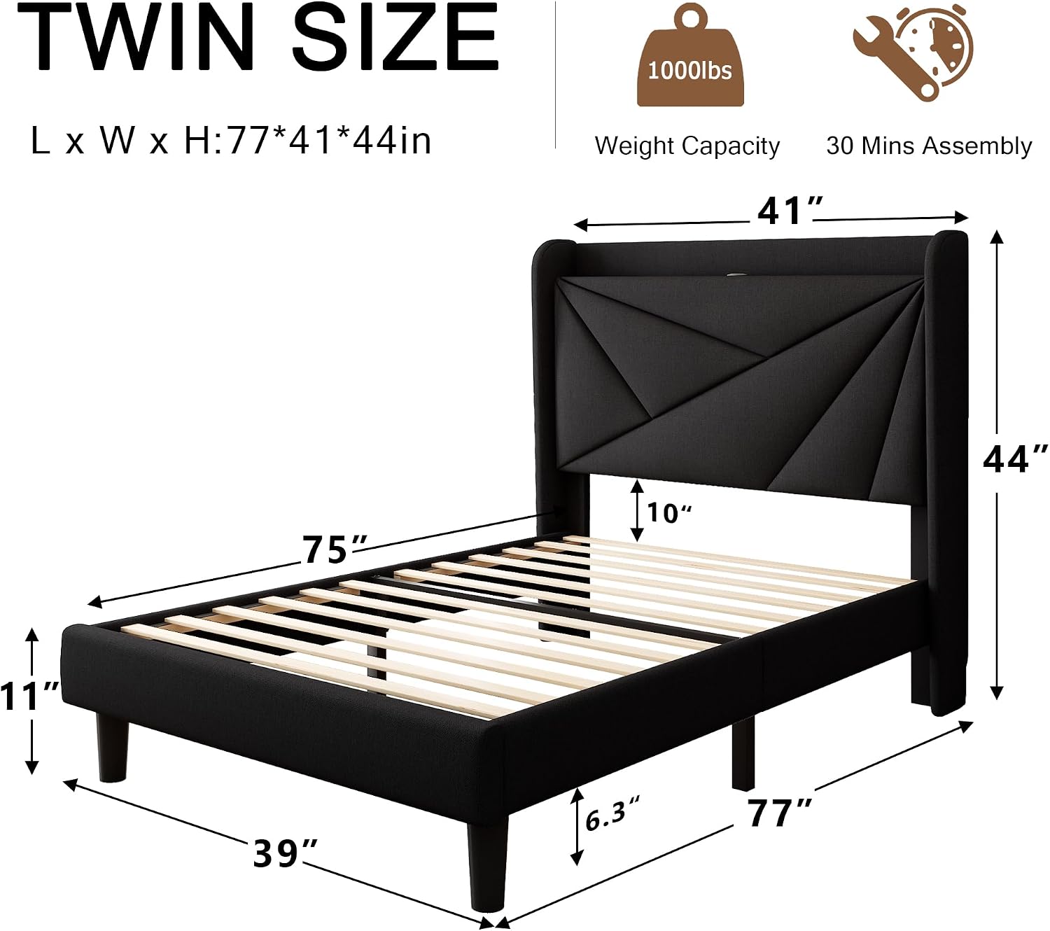 Einhomn Twin Size Upholstered Bed Frame with Charging Station, Platform Bed Frame with Storage Headboard, Solid Wood Slats Support, No Box Spring Needed, Black
