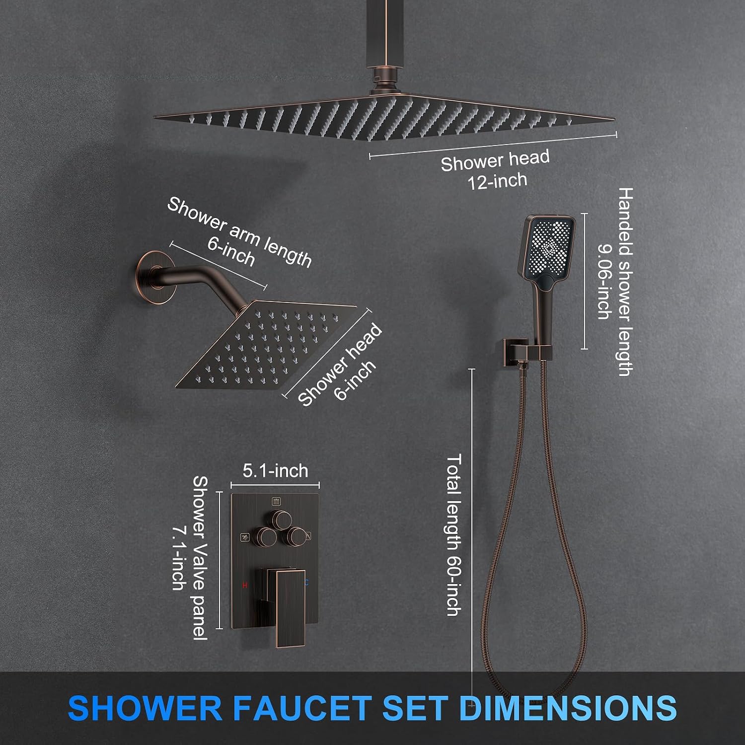 Shower Faucet Set, 12' Ceiling Mount Rainfall Shower System with 2 Rain Shower Head and Multi-function Handheld Head Push Button Diverter Shower Faucet Trim Kit (12', Oil Rubbed Bronze)