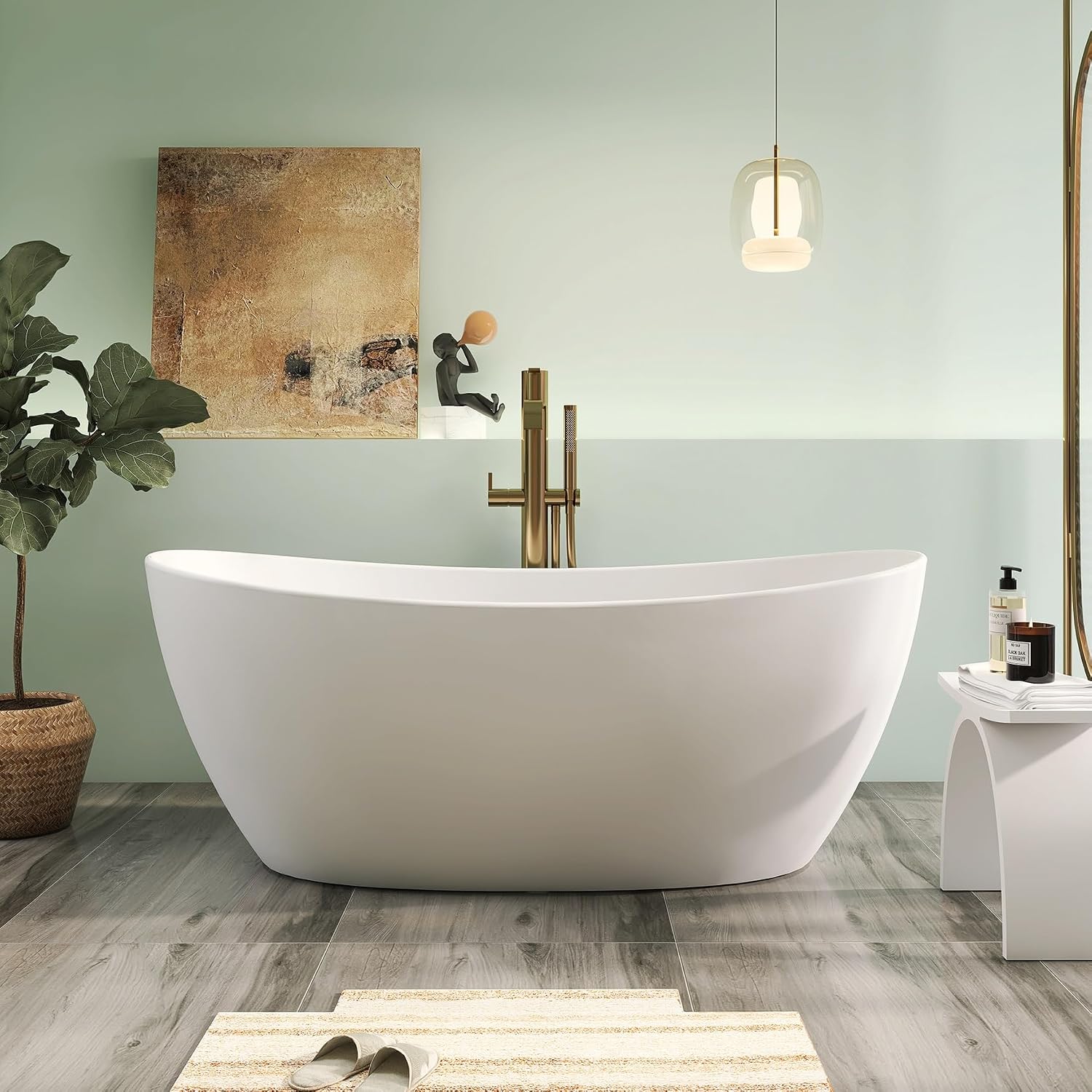65' Premium Solid Surface Freestanding Bathtub, Contemporary Design Stand Alone Stone Resin Tub with Overflow and Pop-up Drain, Matte White