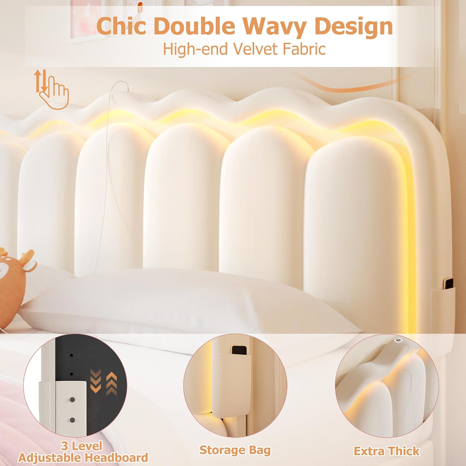 King Upholstered LED Bed Frame with 2 Storage Drawers and Adjustable Chic Double Wavy Headboard, Velvet Princess Platform Bed with Charing Station, Solid Wood Slats Support, No Box Spring Needed,Beige
