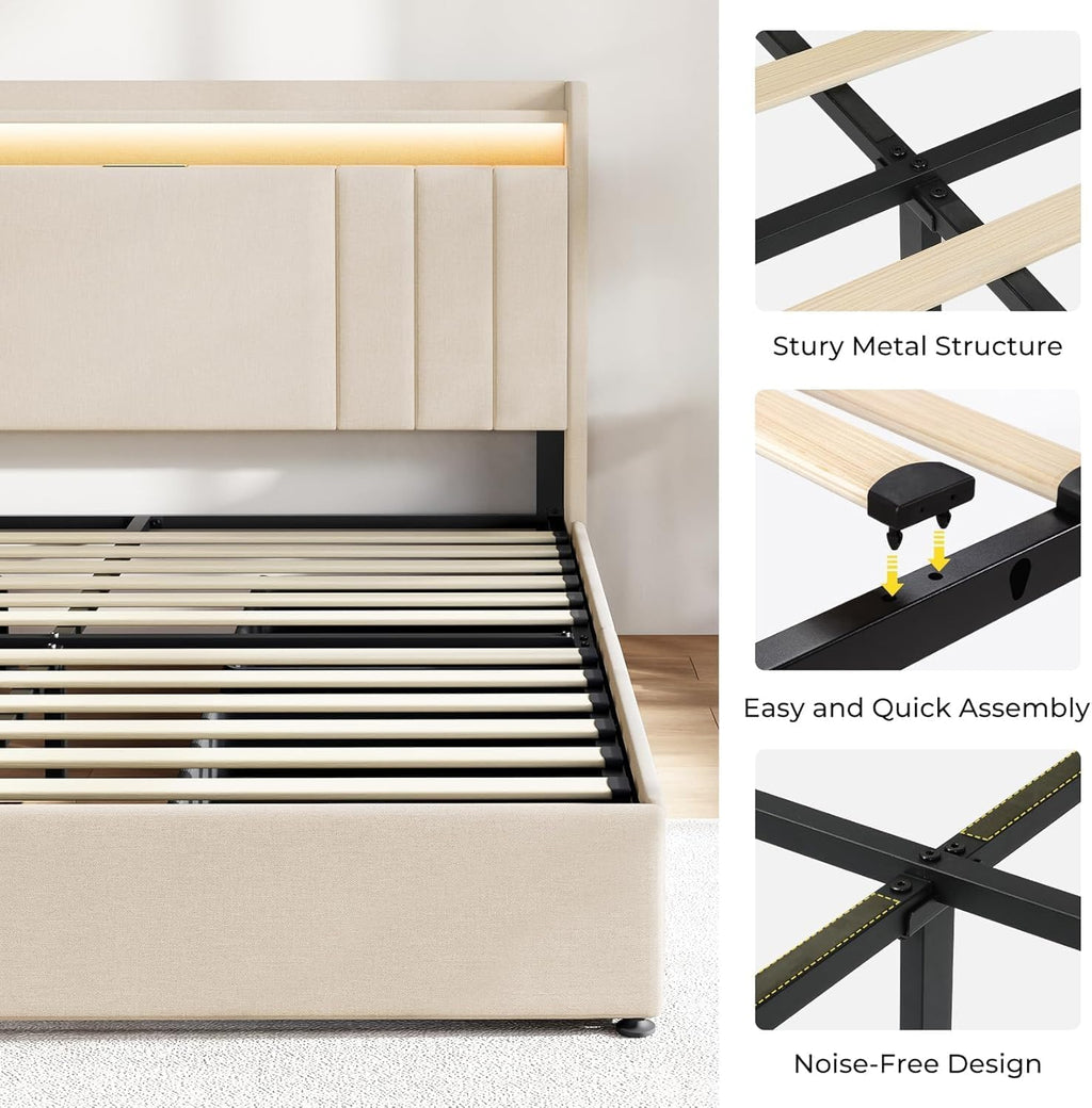 koorlian Queen Size Upholstered Bed Frame with Storage Headboard and 4 Dustproof Drawers, 51'' Tall LED Platform Bed Frame with Adjustable Headboard, USB/Type-C Charging and Side Storage, Off White