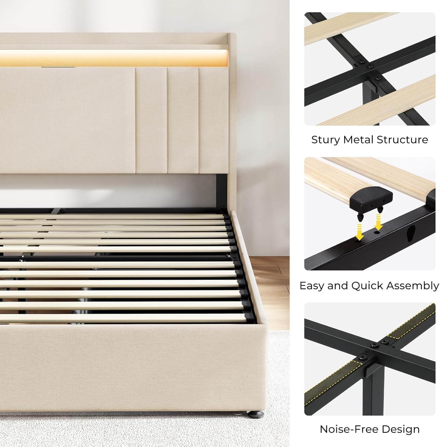 koorlian Queen Size Upholstered Bed Frame with Storage Headboard and 4 Dustproof Drawers, 51'' Tall LED Platform Bed Frame with Adjustable Headboard, USB/Type-C Charging and Side Storage, Off White