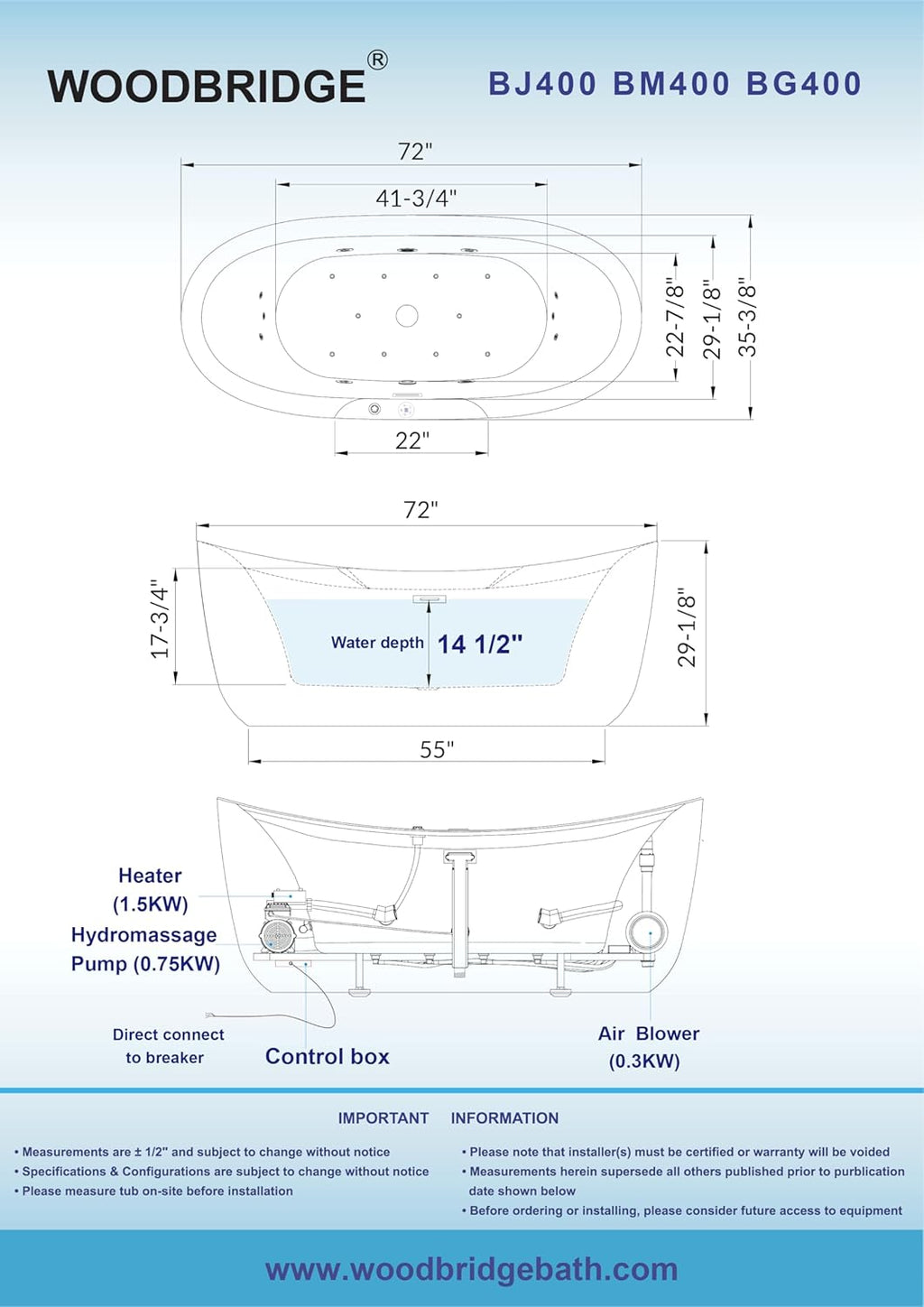 WOODBRIDGE 72' x 35-3/8' Whirlpool and Air Bath Heated Soaking Combination Tub with Adjustable Speed Air Blower and Display Control Panel, Brushed Gold Finish Trim and Drain Kit, BG400