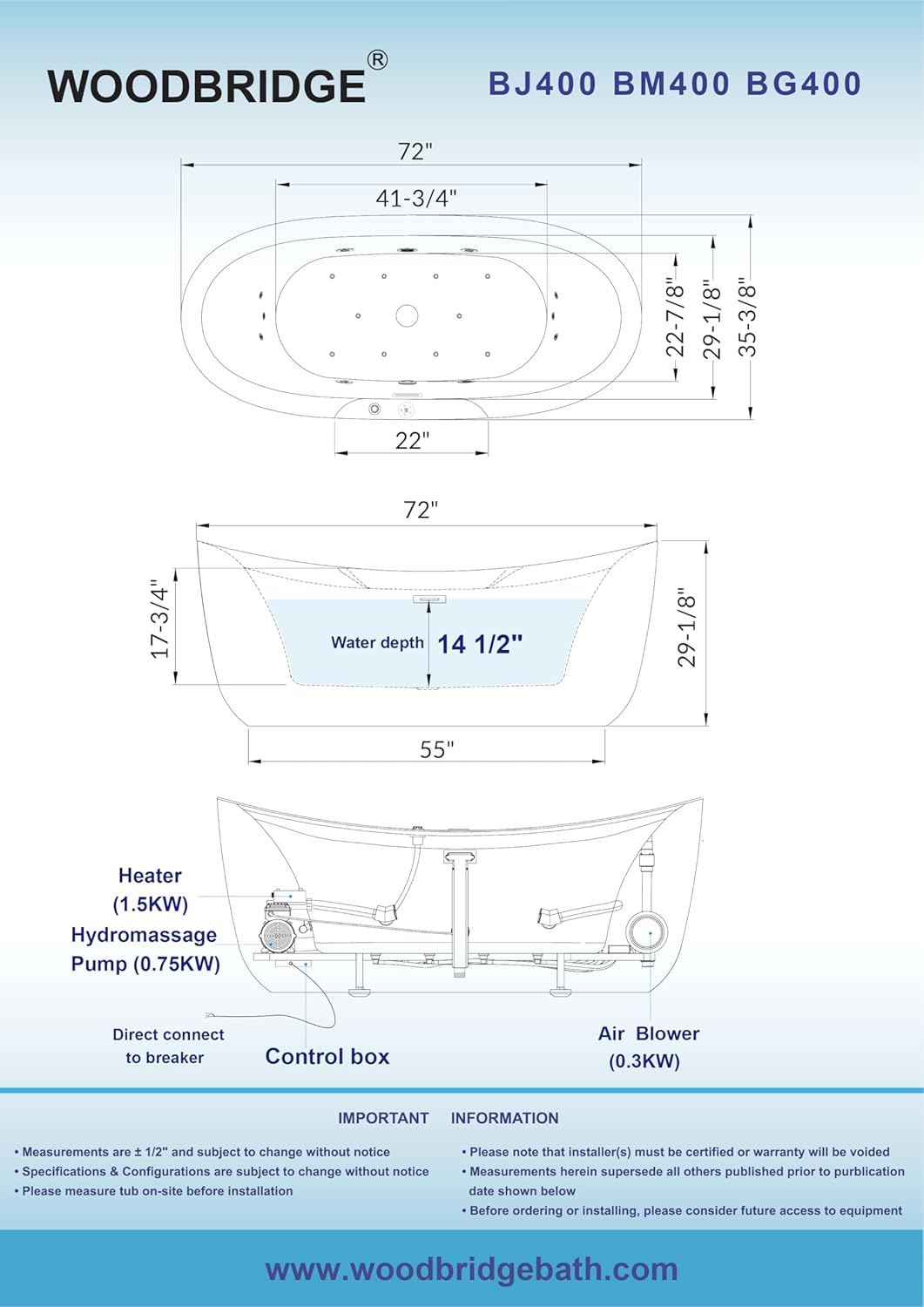 WOODBRIDGE 72' x 35-3/8' Whirlpool and Air Bath Heated Soaking Combination Tub with Adjustable Speed Air Blower and Display Control Panel, Brushed Gold Finish Trim and Drain Kit, BG400