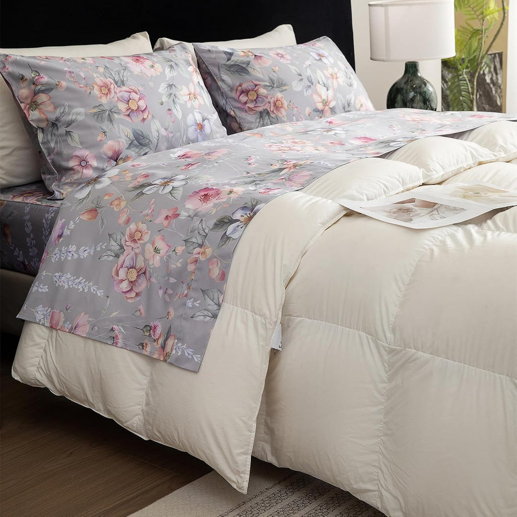 QSH Gray Floral Sheets Queen Size，Egyptian Cotton Sheets Queen Size Set Luxury Silk Feel Flowers Botanical Pattern Printed Bedding Sheet Extra Soft and Breathable 17.5' Deep Pockets Bed Sheet 4pcs
