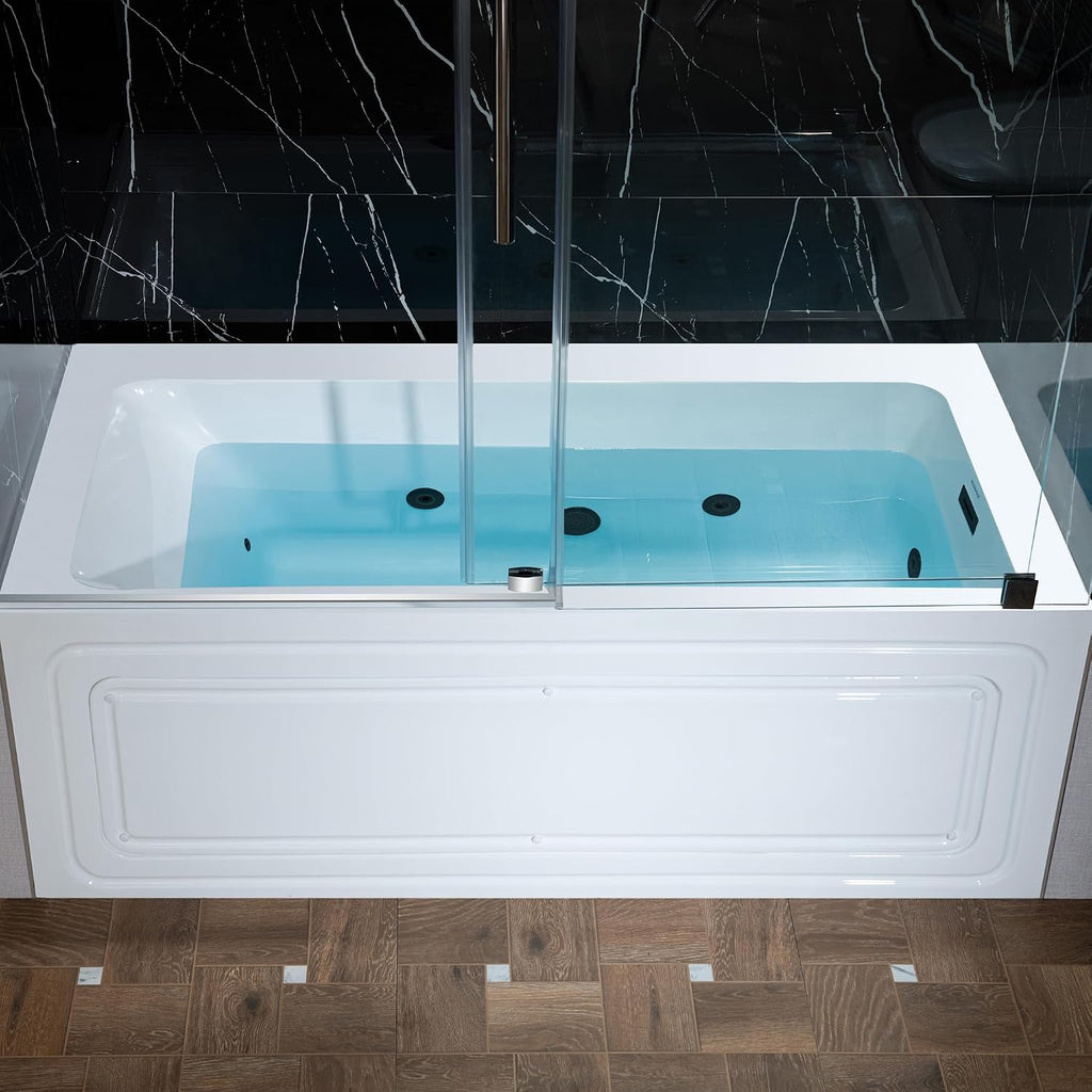 WOODBRIDGE 60' x 30' Alcove Acrylic Rectangular Whirlpool Heated Jetted Tub in White with right Drain, Matte Black Finish, BS666-R-MB02