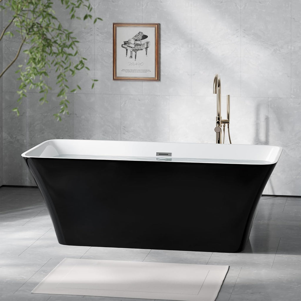 Freestanding Bathtub 67 inch Black and White Acrylic Tub, Deep Soaking Modern Bath for Bathroom Remodel and Home Spa Relaxing Comfort
