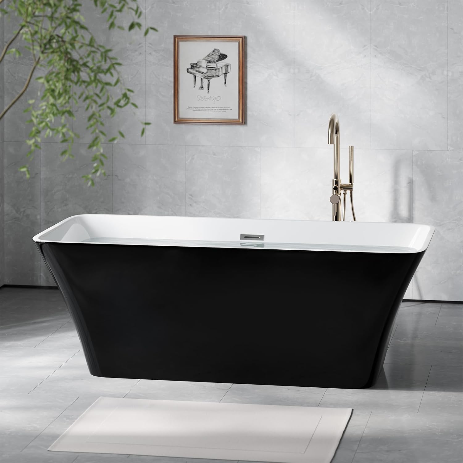 Freestanding Bathtub 67 inch Black and White Acrylic Tub, Deep Soaking Modern Bath for Bathroom Remodel and Home Spa Relaxing Comfort