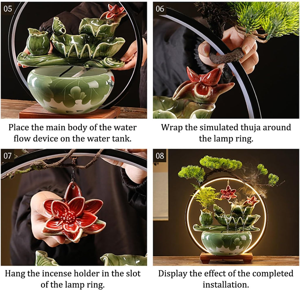 Tabletop Fountain with Light Waterfall Fountain with Backflow Incense Burner Desktop Zen Water Fountain Ceramic Fish Tank Indoor Water Fountain for Home Office Without Plants.(Style4)