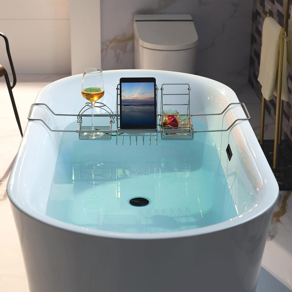 WOODBRIDGE 67' Acrylic Freestanding Bathtub Contemporary Soaking Tub with Matte Black Overflow and Drain,White Tub,B0057-MB