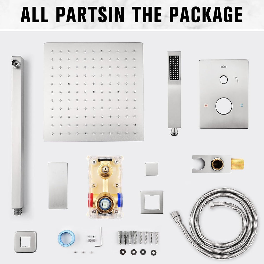 10 Inch Rainfall Shower System - Wall Mounted Complete Combo with Solid Brass Pressure Balancing Valve, High Pressure Shower Head, Handle Set & Installation Accessories Nickel