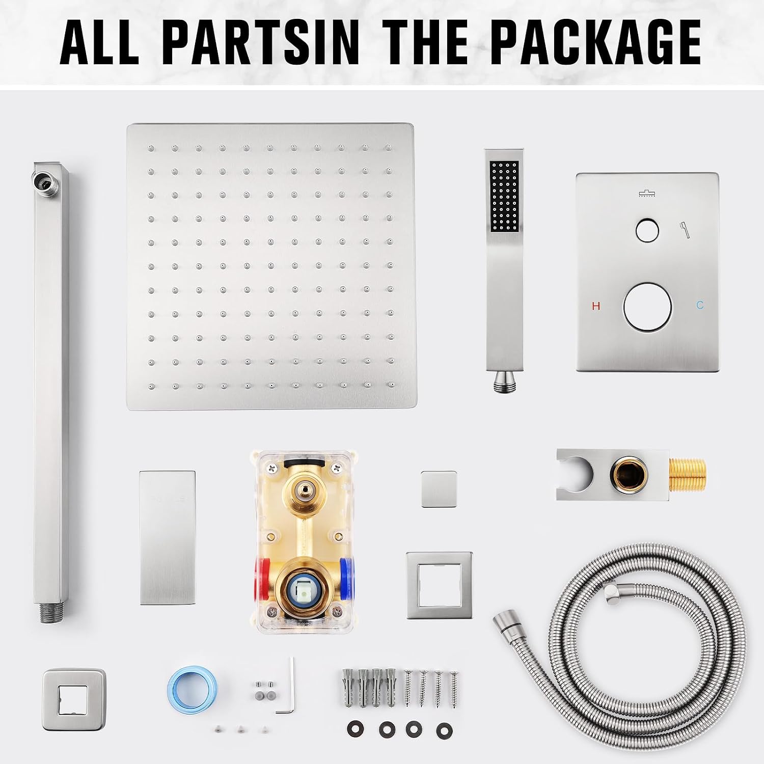 10 Inch Rainfall Shower System - Wall Mounted Complete Combo with Solid Brass Pressure Balancing Valve, High Pressure Shower Head, Handle Set & Installation Accessories Nickel