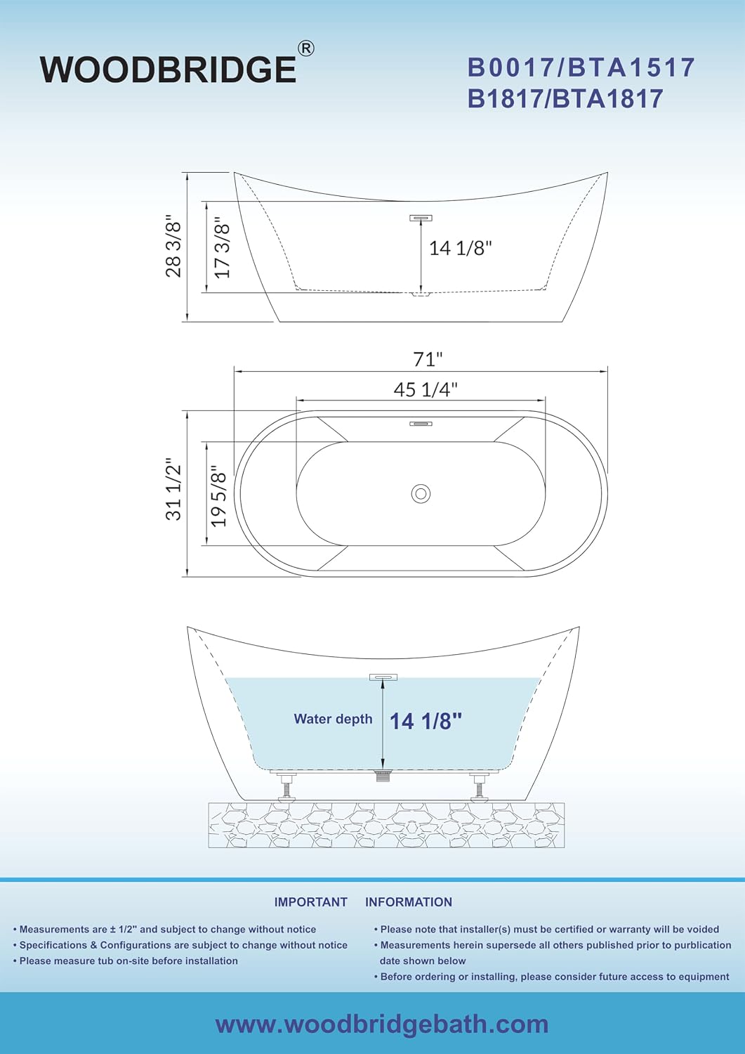 WOODBRIDGE 71' Acrylic Freestanding Bathtub Contemporary Soaking White Tub with Oil Rubbed Bronze Overflow and Drain,B0017-ORB