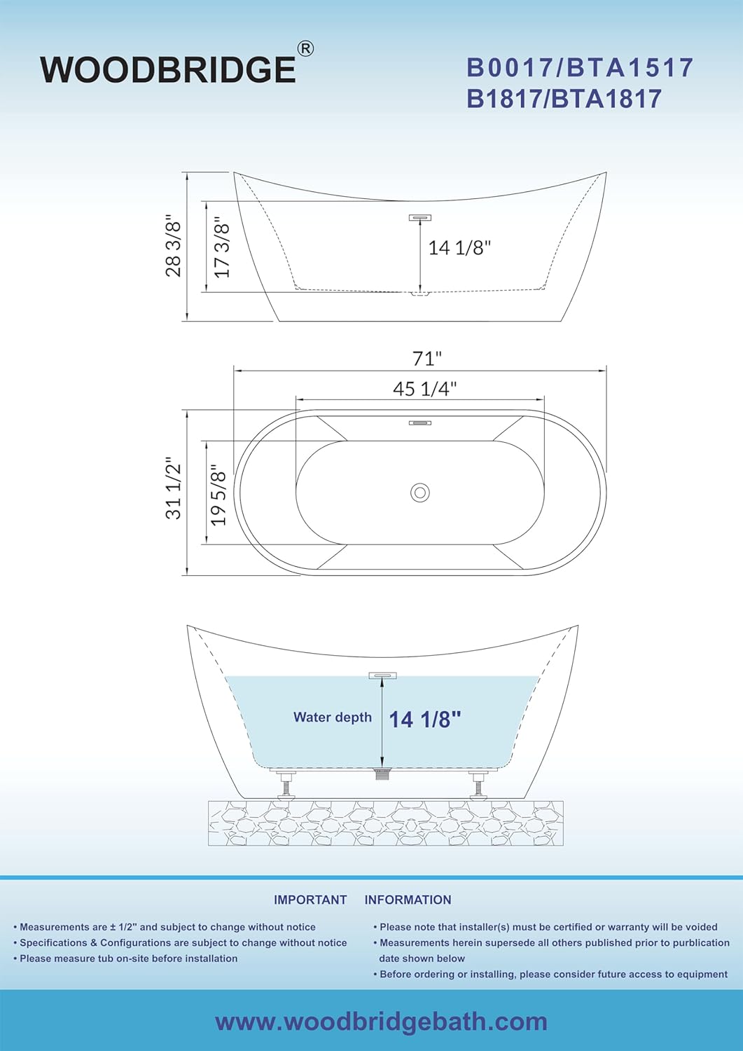 WOODBRIDGE 71' Acrylic Freestanding Bathtub Contemporary Soaking Tub , White Acrylic ( Matte Black Drain/Overflow),B0017 MB Drain &O