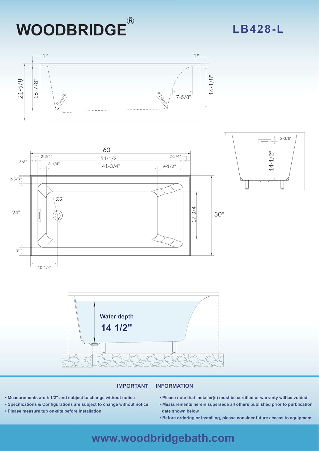 WOODBRIDGE 60' Acrylic Rectangular Alcove Soaking Bathtub in White with Left Drain, Brushed Nickel pop-up Drain Included, LB428-L