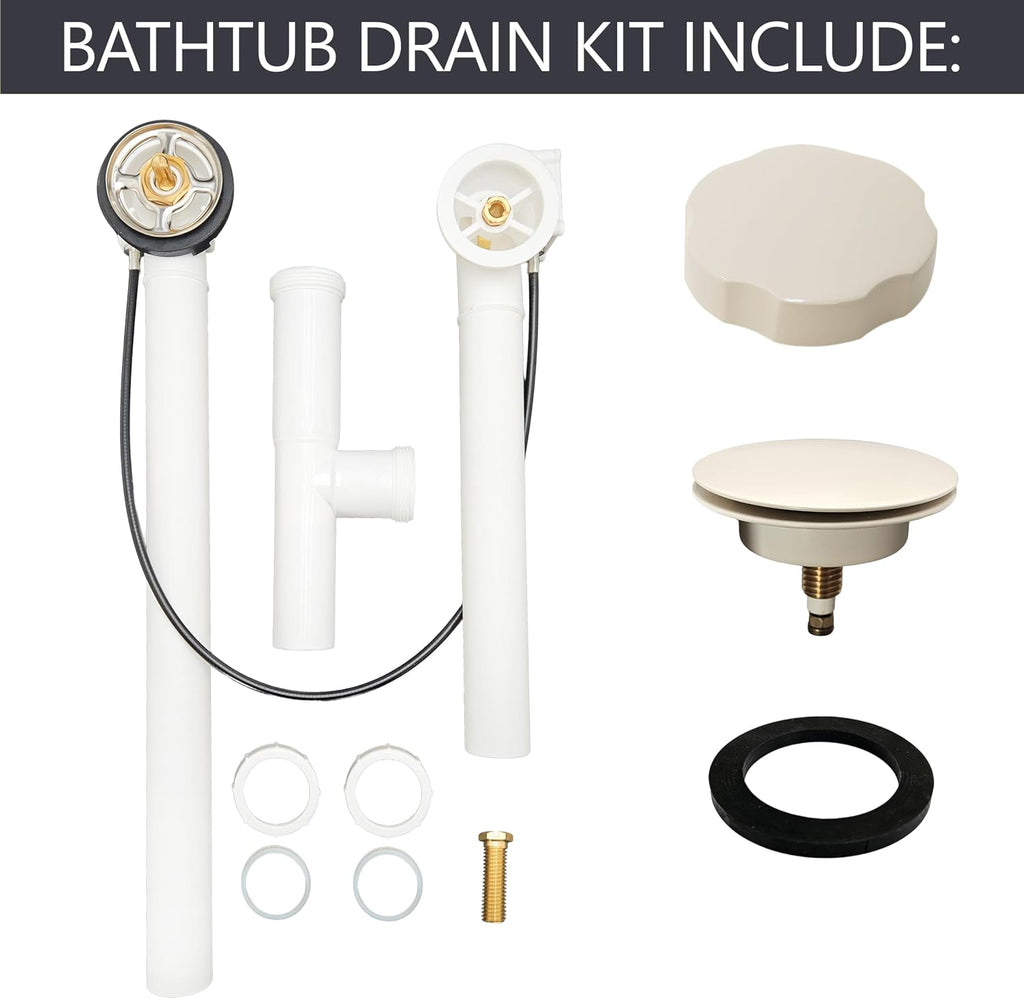 Westbrass A50P27TLE-65 27' Cable Drive Bath Drain Trim Kit with Rotary Overflow Cover Knob, European Stopper and Poly Tubular Pipes, Biscuit