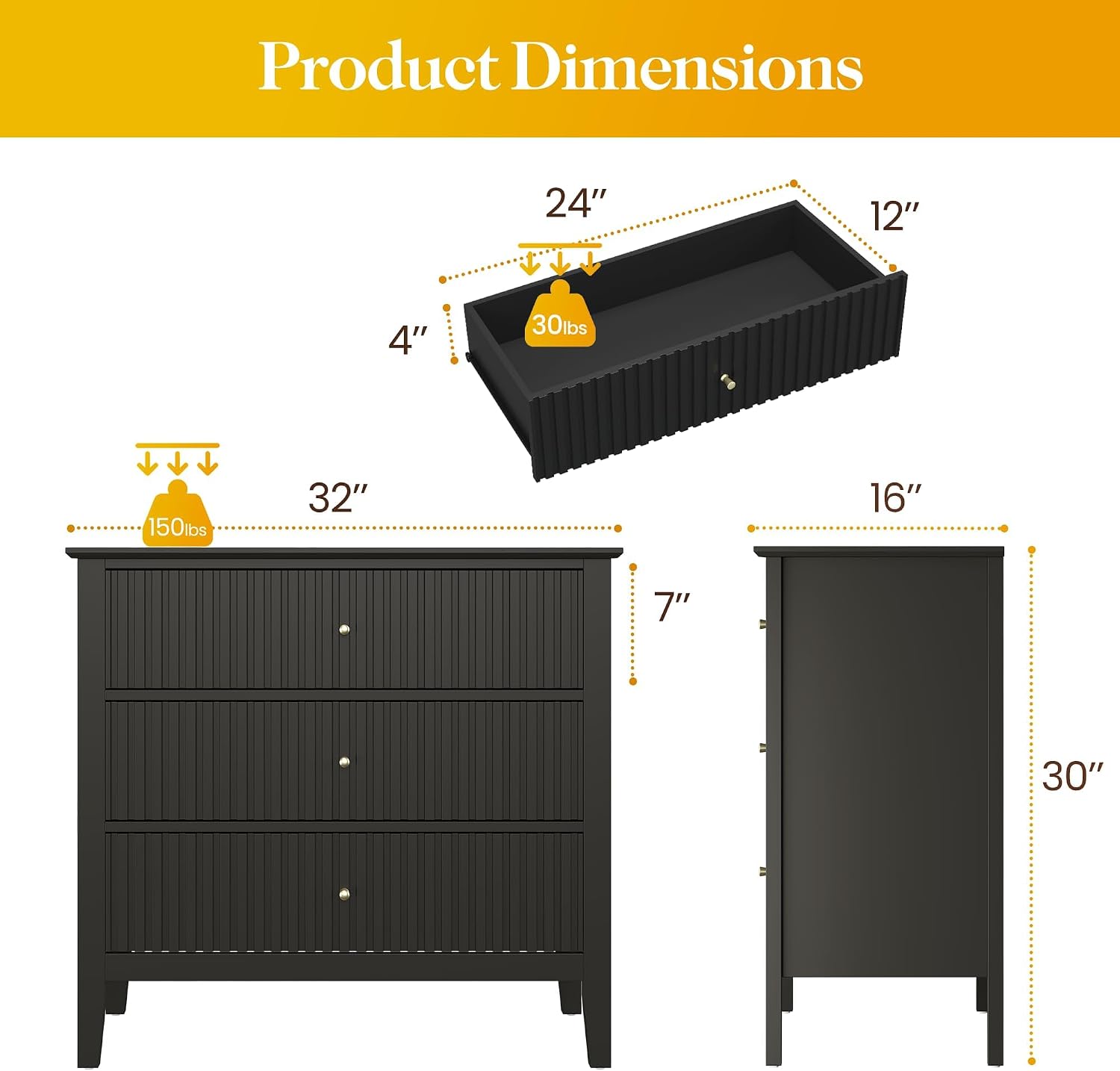 May in Color Large Black Fluted 3 Drawer Dresser Set of 2, Chest of Drawers with Ball Bearing Slide Modern 30 inch Tall Wood Nightstand with Spacious Storage for Bedroom Hallway Living Room Entryway