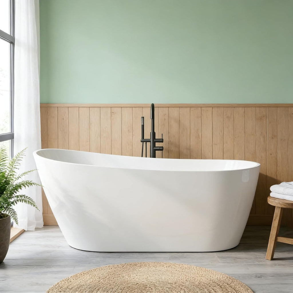 67 Inch Acrylic Freestanding Bathtub, Deep Soaking Tub with Non-Slip Base, cUPC Certified Free Standing Modern Bath Tub with Chrome Drain, Easy-Clean White Soaking Tub for Bathroom, Home Spa