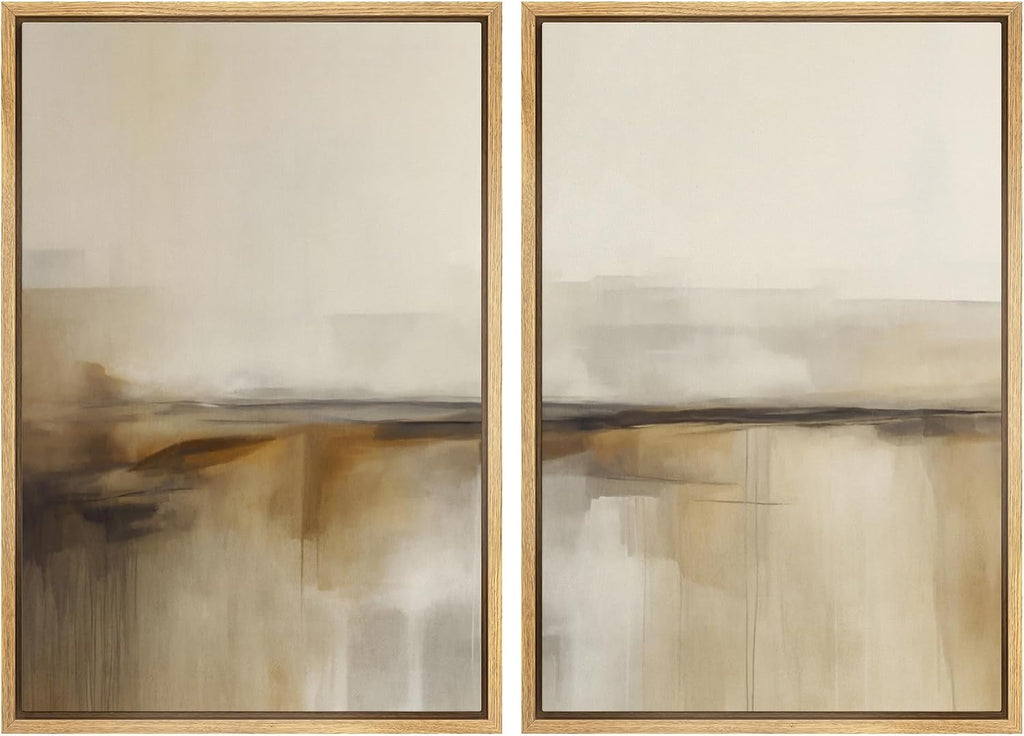 MUDECOR Framed Canvas Print Wall Art Set Abstract Beige and Brown Gradient Neutral Minimalist Landscape Illustrations Modern Art Decorative Calm for Living Room, Bedroom, Office - 24'x36'x2 Natural