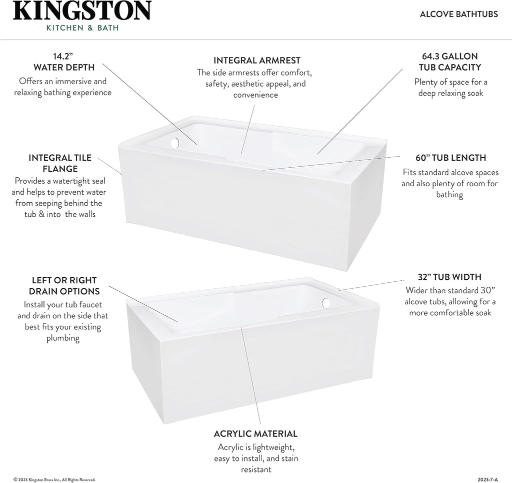 Aqua Eden VTAM6032R22S 60-Inch Acrylic 2-Wall Corner Alcove Tub with Corner Apron, Right Hand Drain Hole, White
