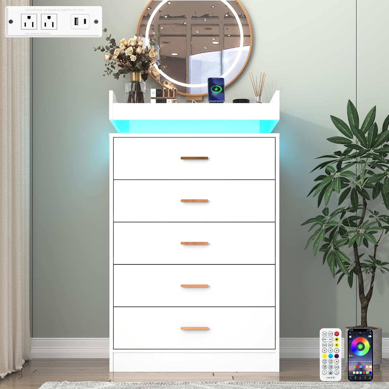 Hlivelood 5 Drawer Dresser with LED Light and Charging Station, Modern Chest of Drawers for Closet, Wide Drawer Organizer Cabinet, Living Room, Entryway, Hallway, White