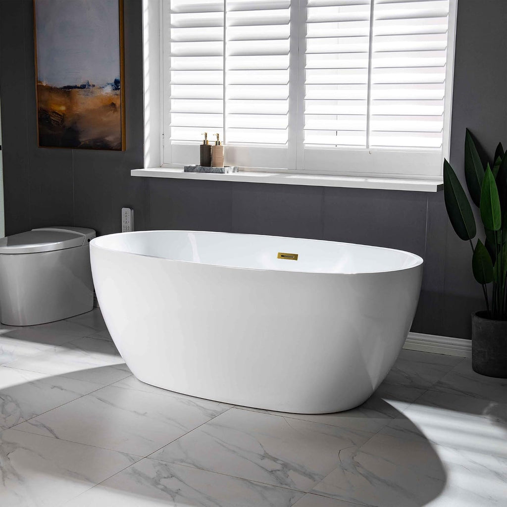 WOODBRIDGE 59' Acrylic Freestanding Bathtub Contemporary Soaking White Tub with Brushed Gold Overflow and Drain，BTA1518 -BG-Drain &O