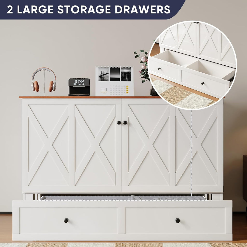 ijuicy Full Murphy Bed with Storage & Multifunctional Charging Station, Farmhouse Murphy Cabinet Bed with Foldable Panel, Space-Saving Beds for Guest Bedroom, Living Room-White & Brown, No Mattress