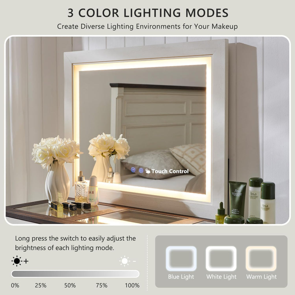Aitjunz 69' W Big Vanity Desk with Glass Top, Farmhouse Makeup Table with 9 Large Storage Drawers, Rustic Wood Bedroom Dressing Table w/3 Color Available Light & 30' HD Led Mirror, Antique White