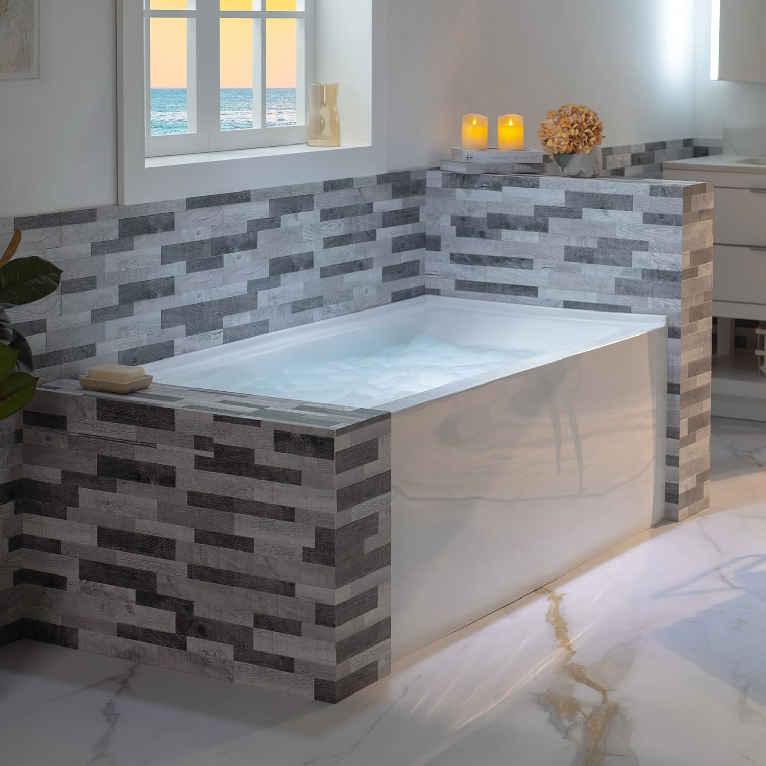 WOODBRIDGE 60' Acrylic Rectangular Alcove Soaking Bathtub in White with Left Drain, Brushed Gold pop-up Drain Included, LB428-L
