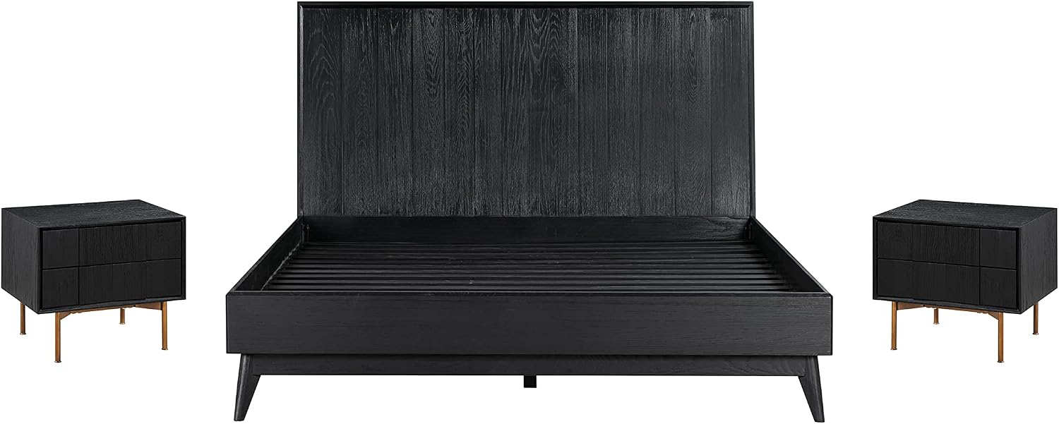 Armen Living Carnaby Queen 3 Piece Bedroom Set in Black Brushed Oak Wood