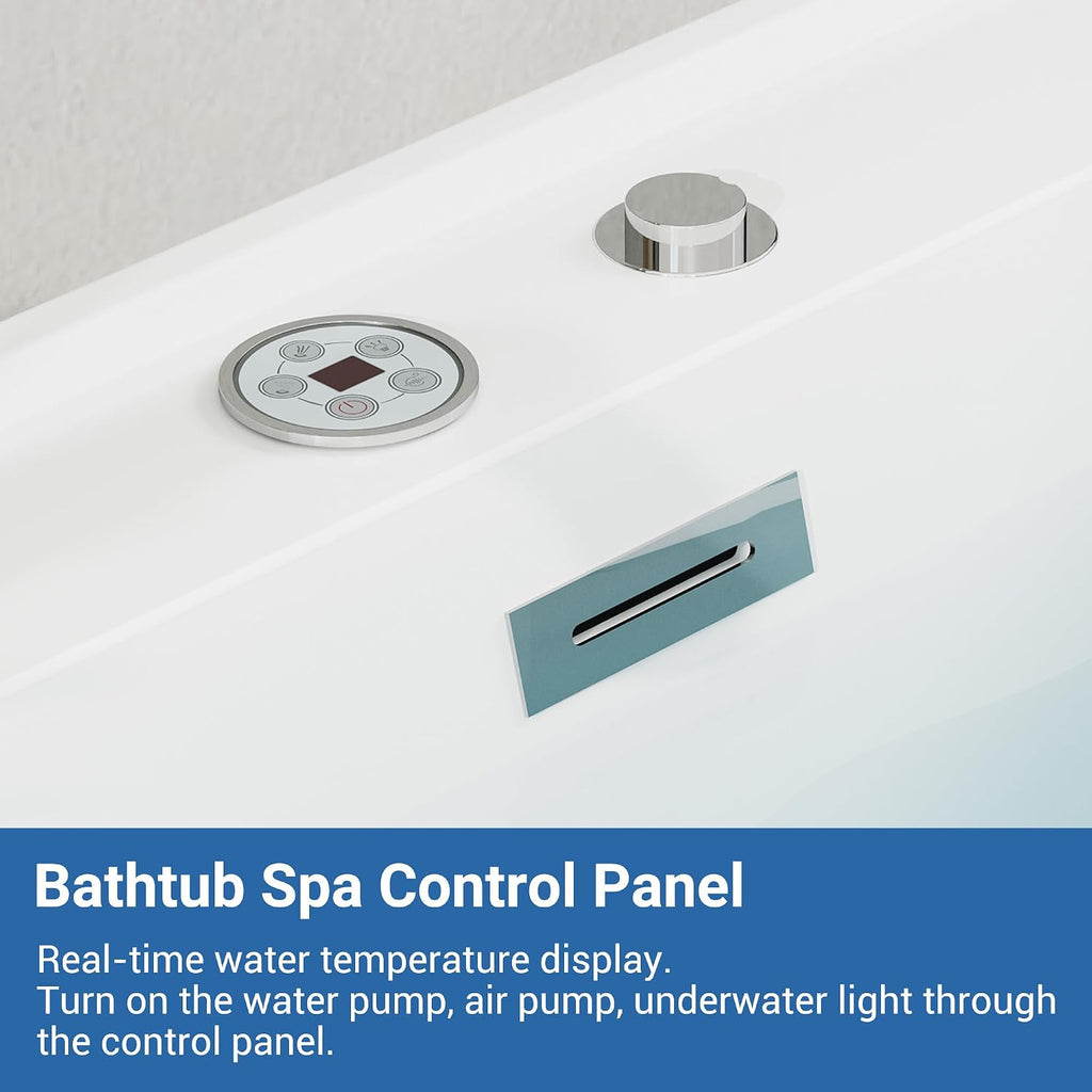 71 inch Whirlpool Freestanding Bathtub with Air Bubble & Hydro Massage – Heated Soaking Tub with Digital Control Panel, Glossy White Acrylic Spa Tub for Main Bathroom