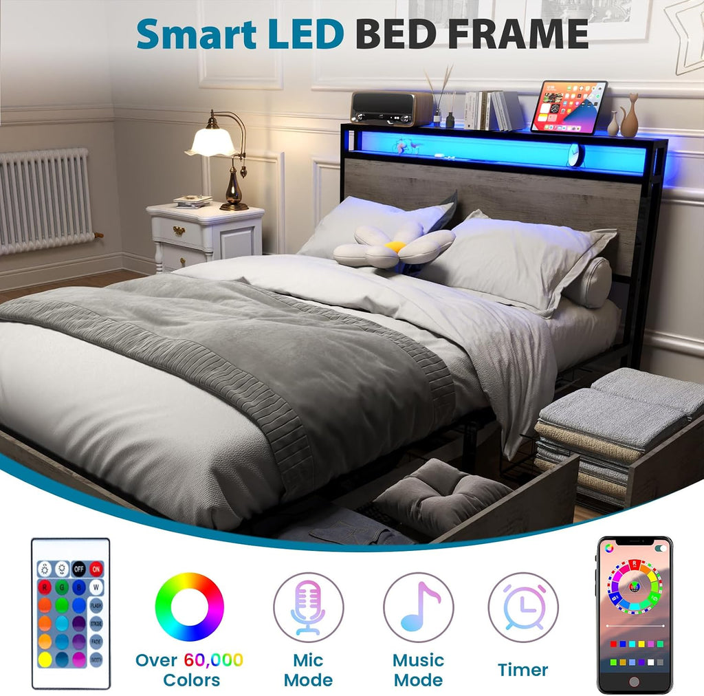 Kiivakii Queen Size Bed Frame with 4 Storage Drawers, LED Platform Bed with Headboard, Built in Charging Station, Noise Free, Stable and Solid, No Box Spring Needed, Gray